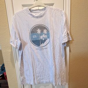 Travis Mathew White Tee with Blue Palm Design - Short Sleeve
